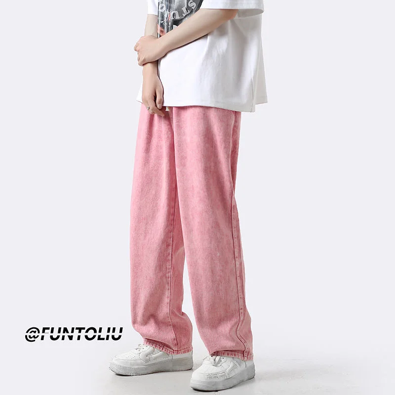 Green/Blue/Black/Pink Baggy Jeans Men Fashion Casual Wide Leg Jeans Mens Streetwear Loose Hip Hop Straight Denim Trousers Men