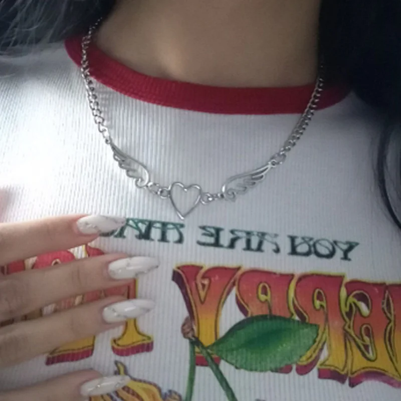 

Cute Angel Heart Chokers Necklaces for Women 2022 New Punk Classic Hollow Silver Color Grunge Charm Necklace Jewelry Gift