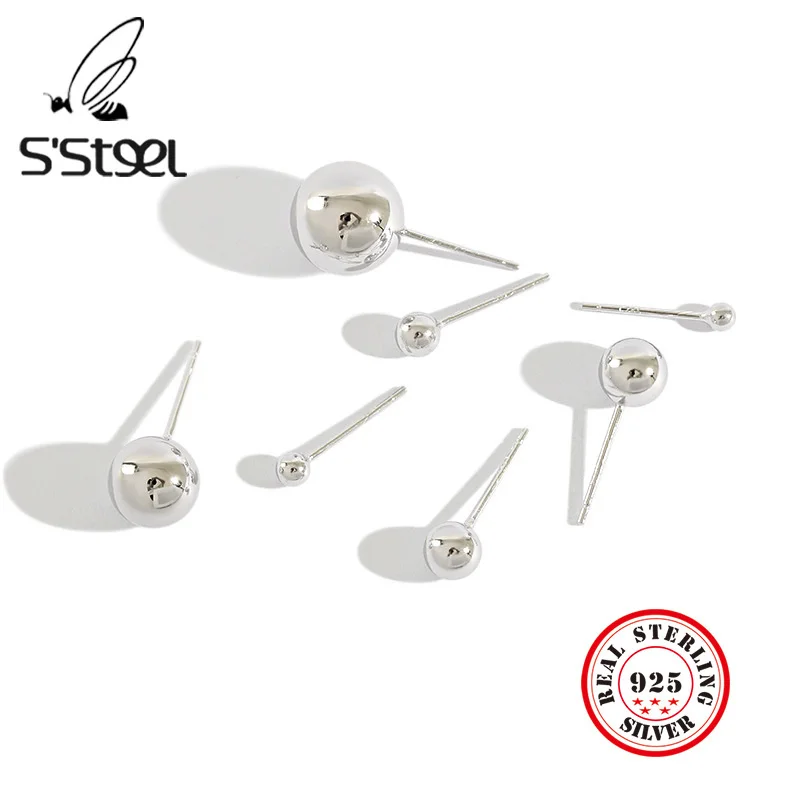 

S'STEEL Concise Bead Stud Earrings For Women Minimalist Sterling Silver Earring Pendientes Plata De Ley 925 Mujer Fine Jewelry