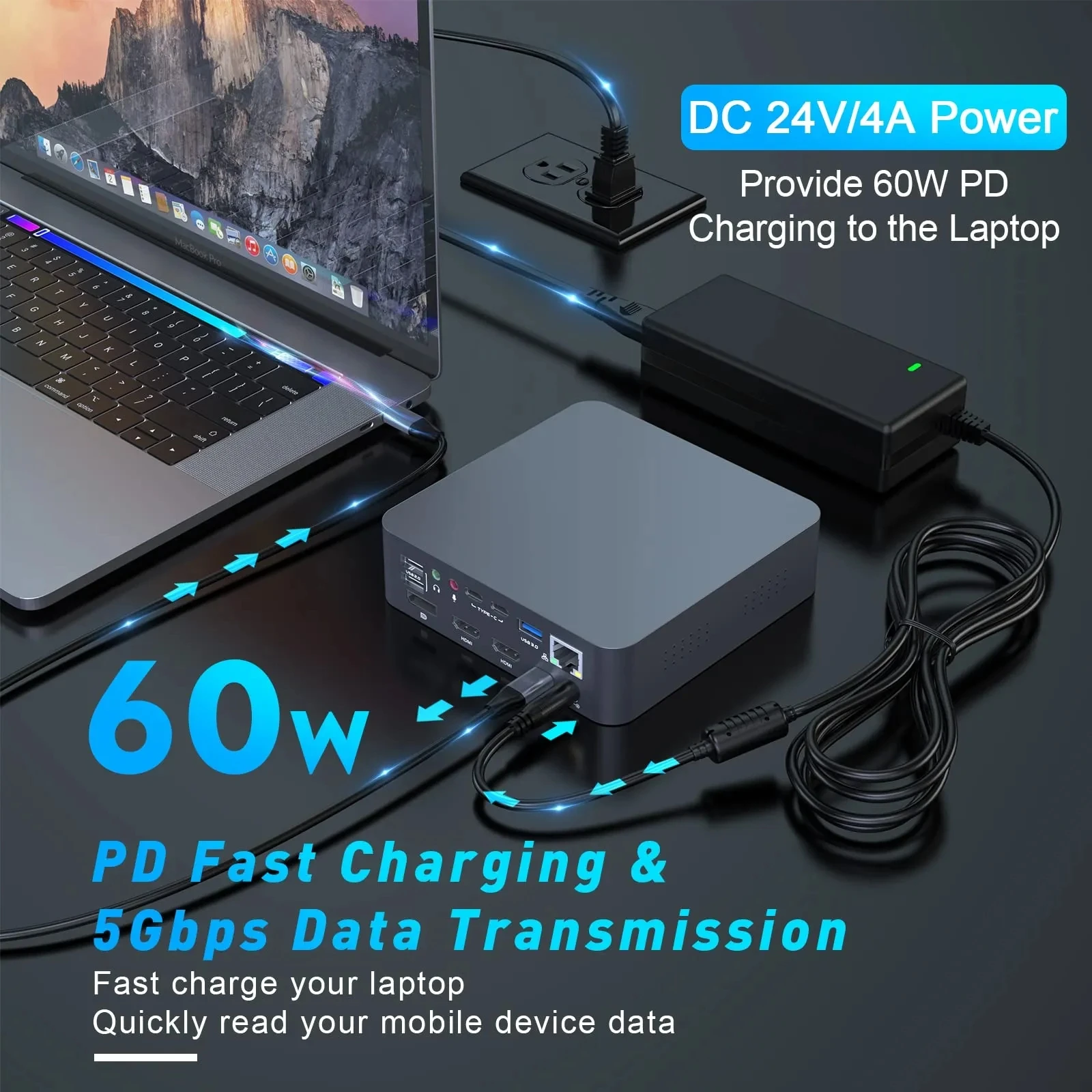 

Док-станция для ноутбука, 3 дисплея, 60 Вт, HDMI, VGA, RJ, 45 SD, TF, Windows