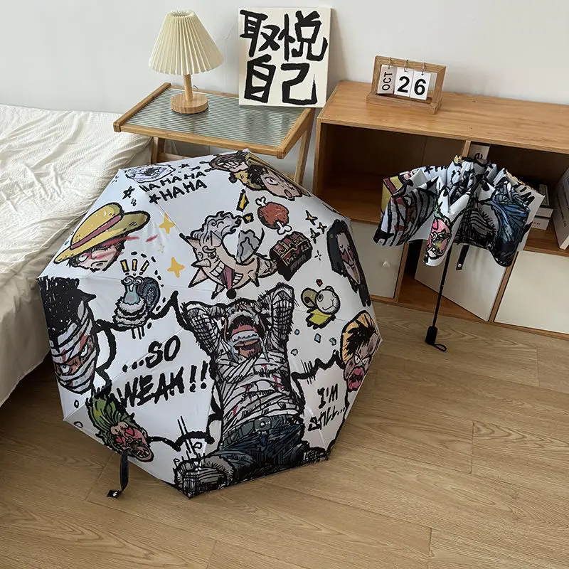 Зонтик Луффи в стиле аниме тройной складной зонтик с защитой от УФ лучей черный