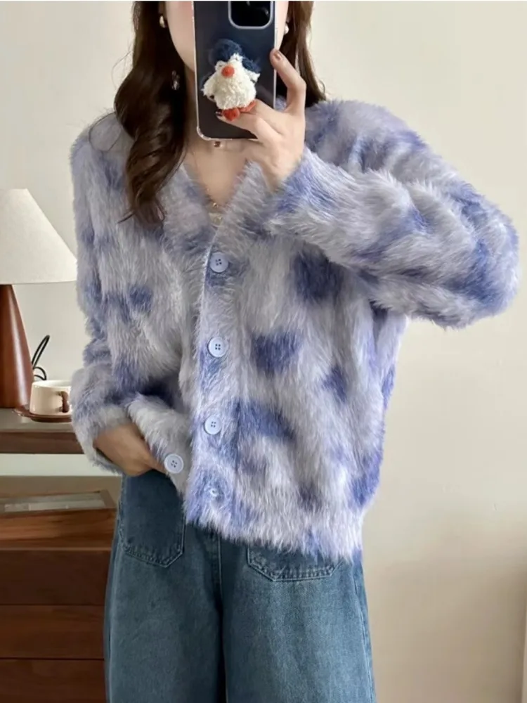 

Женский трикотажный кардиган с леопардовым принтом, свободный трикотажный Повседневный свитер с длинным рукавом и V-образным вырезом, в винтажном стиле, Осень-зима 2023