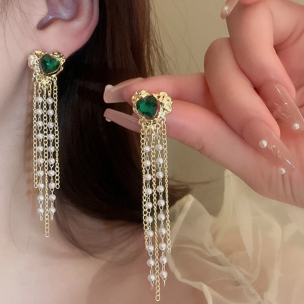 

Luxury Sliver Needle Green Heart Crystal Gold Pearl Tassel Earrings Women Trendy Elegant Daily Party Earrings Kpop Chic Jewelry