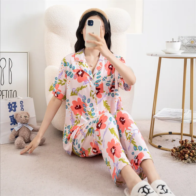 2023 New Pajamas Women Cotton Spring and Summer Plus Size Suit Thin Cartoon Printed Home Set Breathable and Leisure Sleepwear