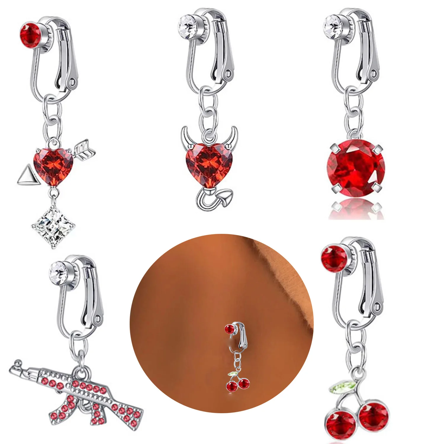 

New Fake Belly Ring Fake Piercing Heart Clip On Umbilical Non Navel Fake Pircing Red Crystal Cartilage Earring Clip Body Jewelry
