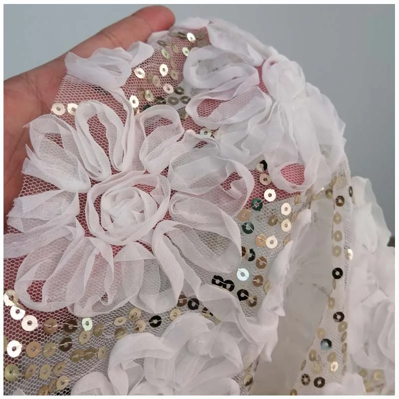 3D Off White African Chiffon Sequins Floral Lace Fabric,Diy Wedding Tulle Embroidered Flower Patchwork Sewing Cloth,350cmX130cm