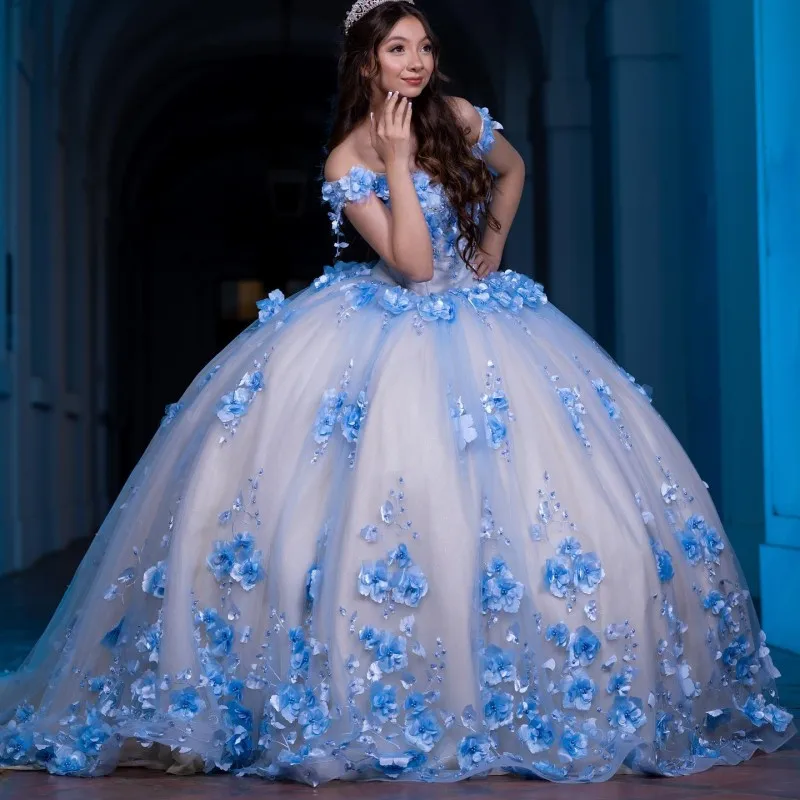 

Doymeny Blue Quinceanera Dresses Ball Gown Off Shoulder Puffy Sweet 16 Dress 3DRose Flowers Beading Celebrity Party Gowns 2024