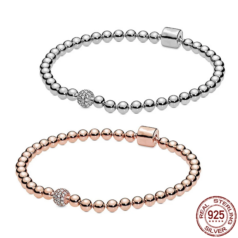 High Quality Snake Chain Bracelet 925 Sterling Silver Bead Chain Rose Gold Bracelet fit Fashion Original Charm Beaded DIYJewelry
