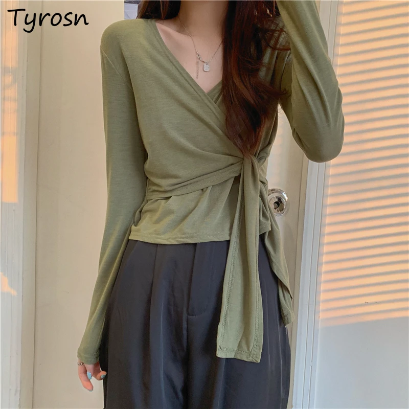 

Long-Sleeve T-shirts V-neck Solid Bandage Crop Sexy Simple Elegant Basic Casual Breathable Cozy Mujer Design Korean Style Young