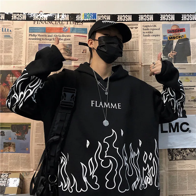 Hip Hop Oversized Hoodies 2022 Korean Version Flame Print Long Sleeve Sweatshirt Autumn Harajuku Gothic Men Women Tops |