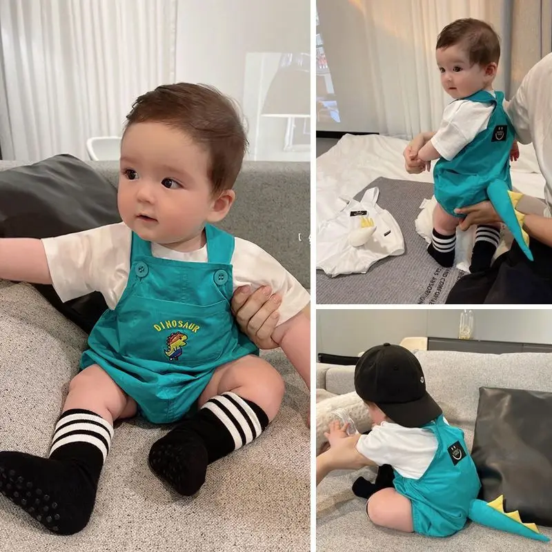 Cotton Dinosaur Triangle Onesie Summer Cute Baby Clothes Children's Suspenders Going Out Crawling Suit Clothing Pants 2023