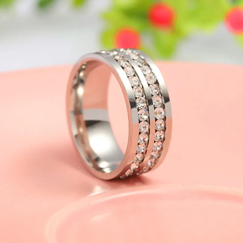 

Classic Stainless Steel Two Rows Round Paved Crystal Weddings Ring Lover Couple Rings Valentine's Day