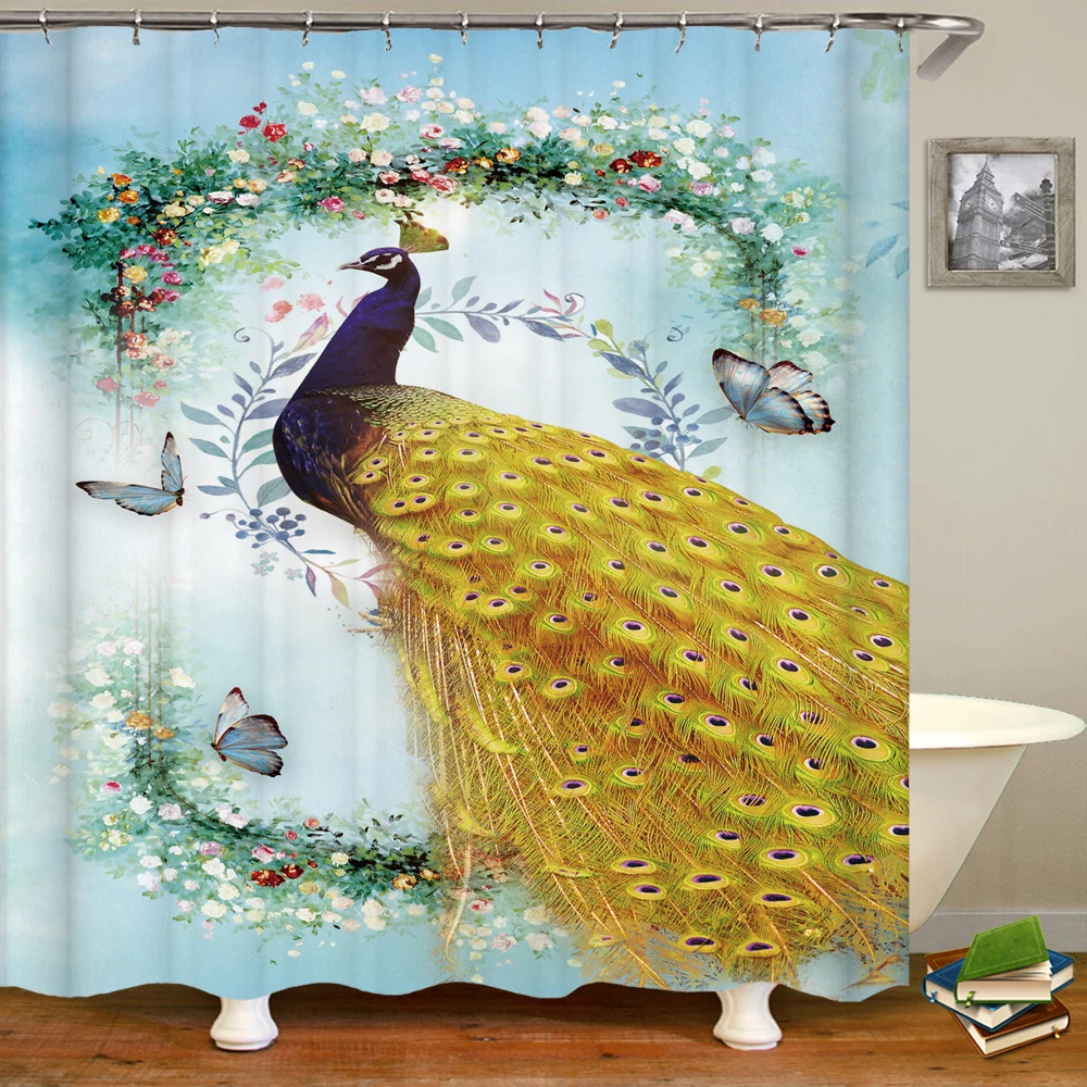 

240 X180CM Bathroom Waterproof Curtain Peacocks Floral Printed Home Decoration Shower Curtain with Hook-Washing Dacron Curtain