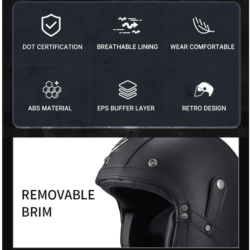 Black ABS Leather Open Face Cruise Motorcycle Jet Helmets Moto Helmet Riding Motocross Racing Motobike Helmet With Halley Glass enlarge