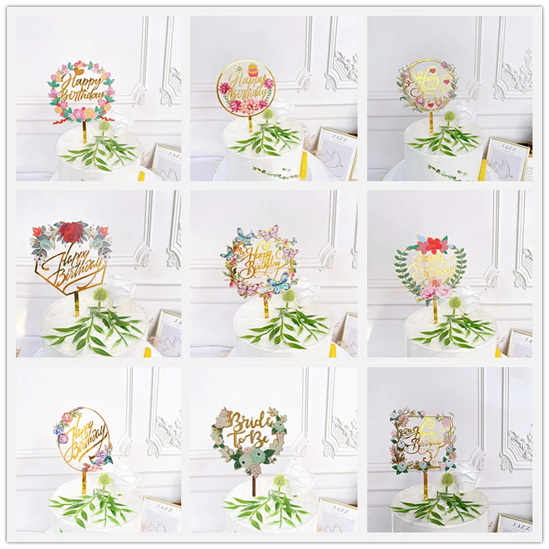 

Love Flowers Acrylic Birthday Cake Decoration Color Butterfly Happy Birthday Cake Decoration Dessert Decoration