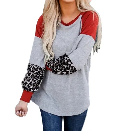 Autumn and Winter Women's Top Fashion Loose Round Neck Leopard Print Color Matching Long-sleeved T-shirt Women Clothes