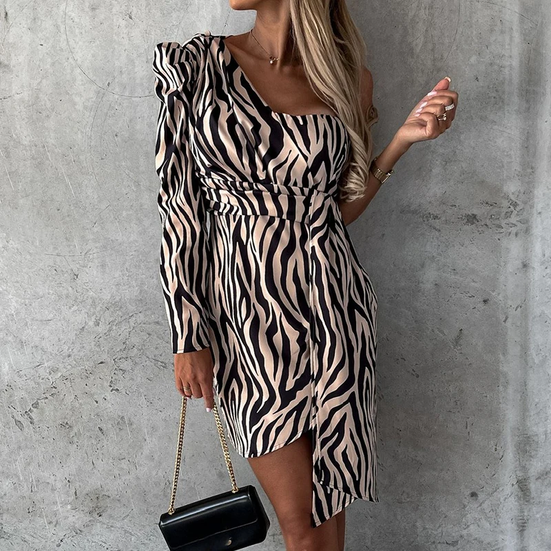 

Elegant Long Sleeve Hip Wrap Slim Party Dresses Sexy Floral Print One Shoulder Mini Dress New Fashion High Waist Irregular Dress