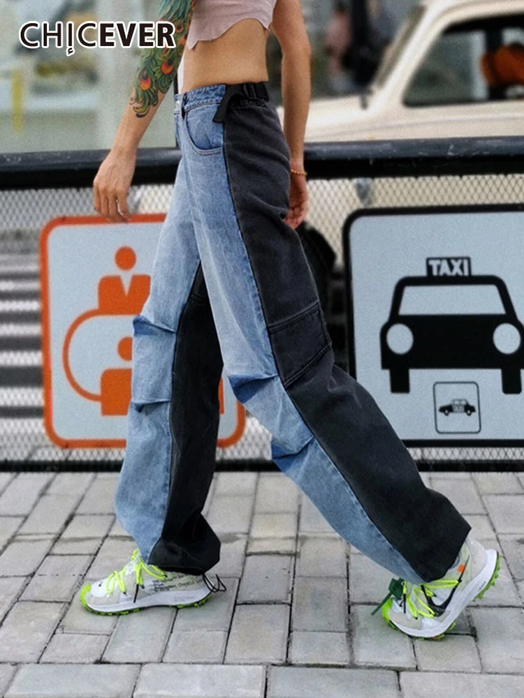 

CHICEVER Лоскутные цветные джинсовые брюки для женщин с высокой талией карманами широкие джинсы для женщин 2022 летняя модная одежда большого ра...