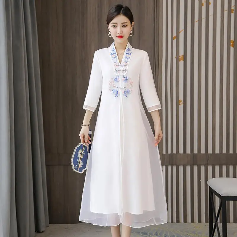 

Chinese Style Traditional Hanfu Women Improve Qipao Long Dress Harajuku Vintage Dresses Robe Eleganti Embroidered Cheongsam