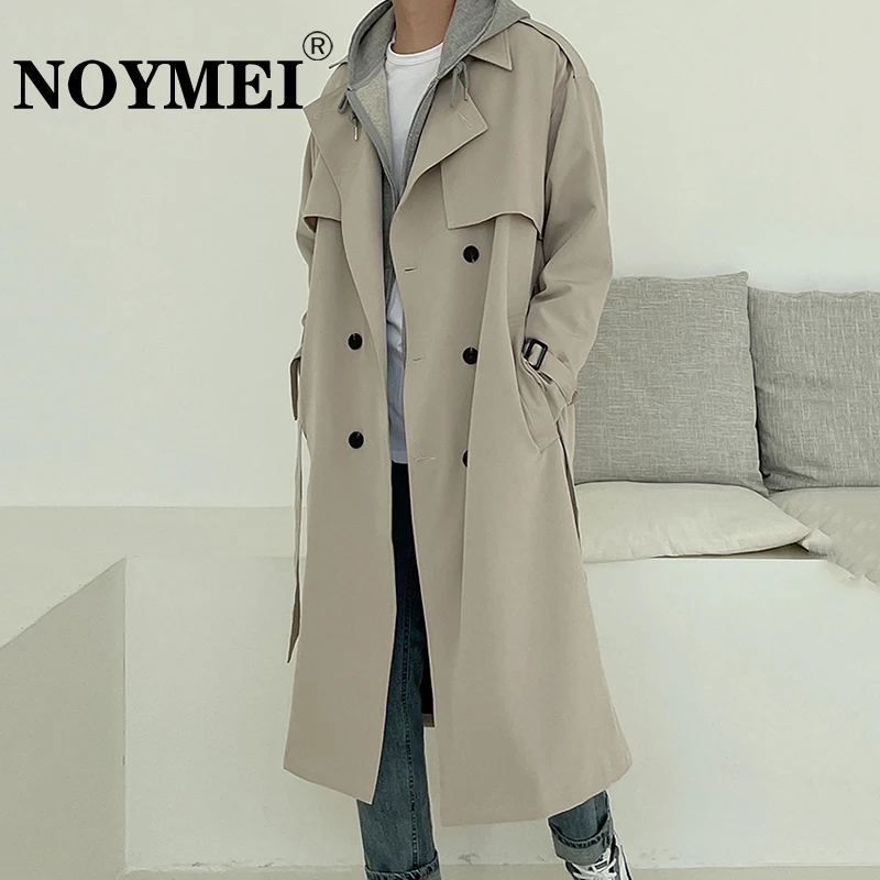

NOYMEI Korean Men Windbreaker Double Breasted Trench Middle Length Coat Trend Brand Handsome Casual Lace-up Overcoat WA2693