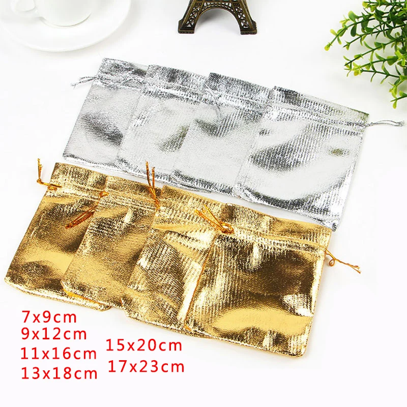 

Gold Silver Organza Bag 7x9cm 9x12cm Small Satin Drawstring Bags Candy Gift Pouches Christmas Party Gift Packing Pouch 500pcs