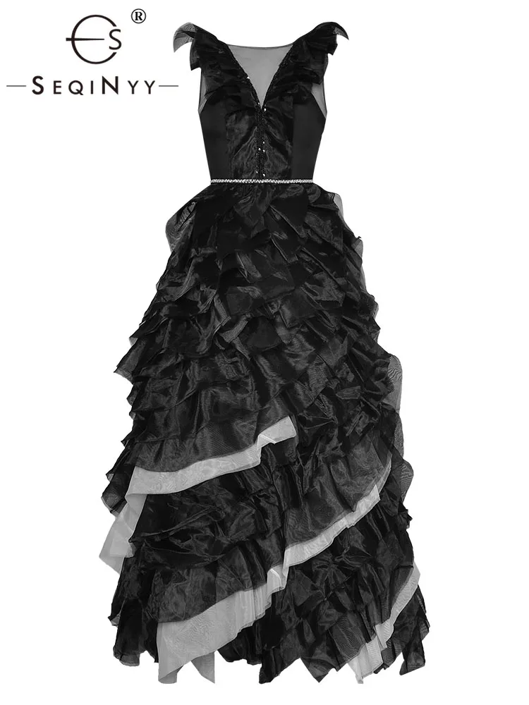 SEQINYY Party Midi Dress Summer Spring New Fashion Design Women Runway High Street Ruffles Beading Sleeveless Elegant