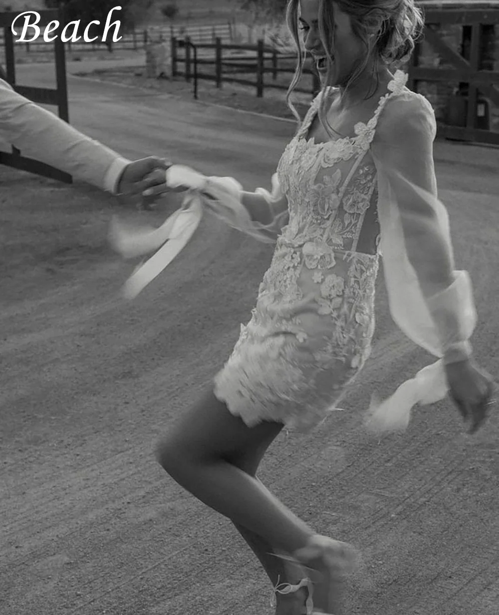 

Пляжное свадебное мини-платье Бохо с квадратным вырезом, Кружевная аппликация 2023, короткое платье невесты с открытой спиной и пышными рукавами, прекрасное свадебное платье