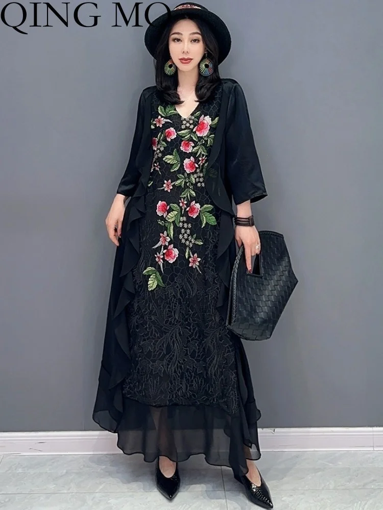 QING MO 2023 Spring Autumn New Fashion Style Chiffon V-Neck Dress Women Show Slim Female Streetwear Black ZXF2104