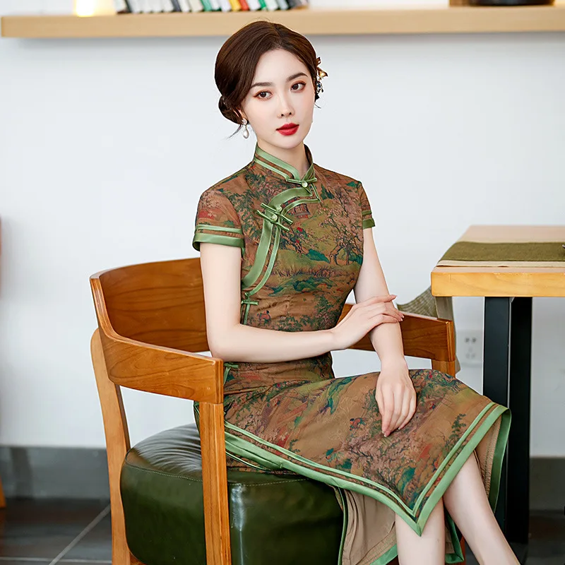 Autumn New Chinese Traditional Cheongsam Novelty Retro Lace Long Dress Handmade Button Women Qipao Side Split Vestidos