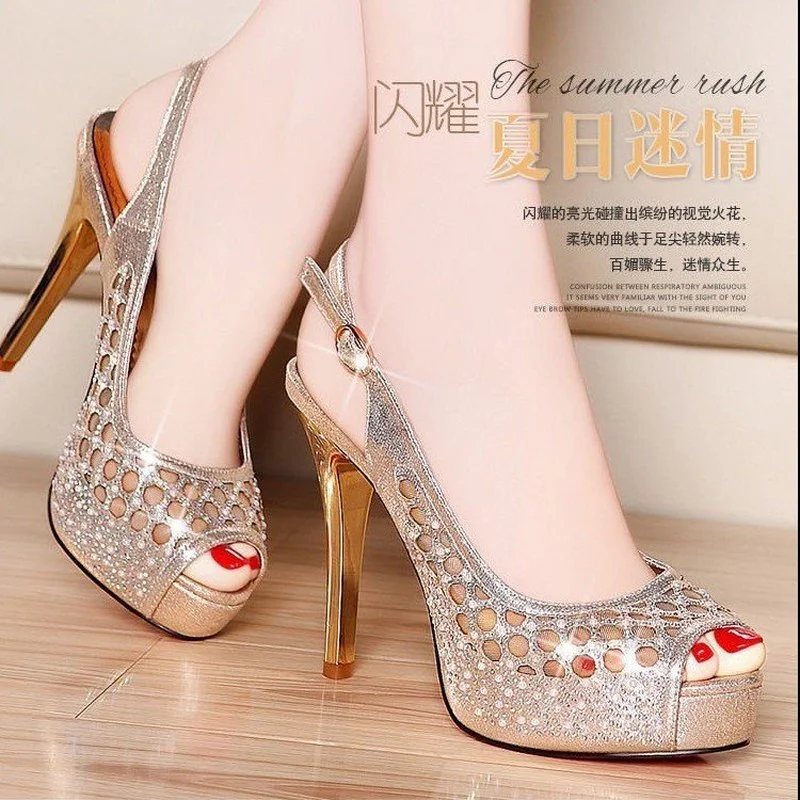 Summer New Fashion Sexy Thin High Heels Red-sole Shoe Peep-toe Platform Hollow Out Buckle Strap Women Party Gladiator Sandals 34