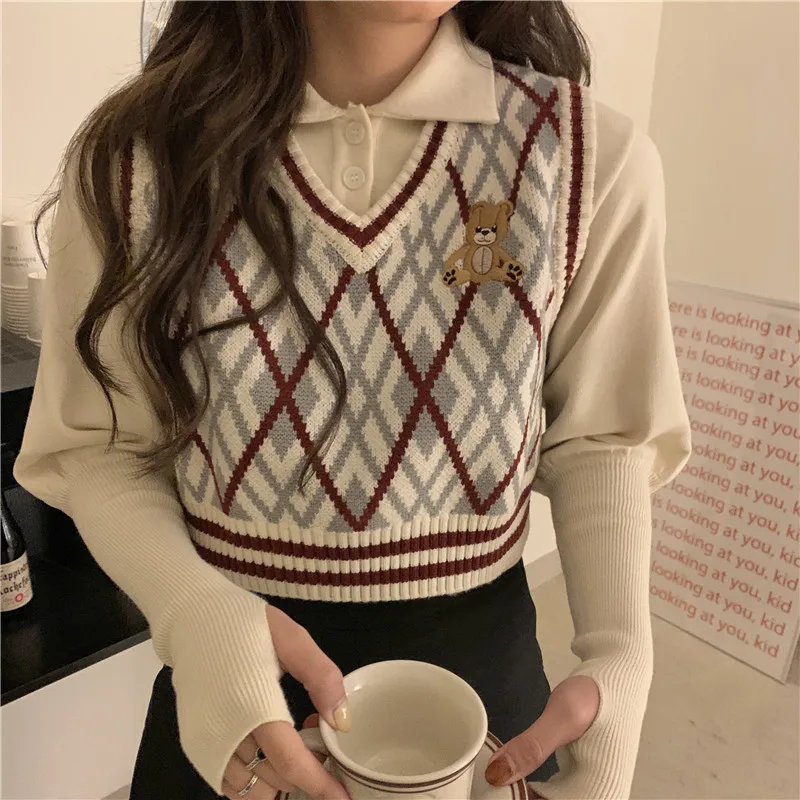 

Autumn Women's Tank Tops Knitted Crop Top Fashion Female Vintage Plaid Sweater Vests Women Sleeveless Knitted Vest Waistcoat