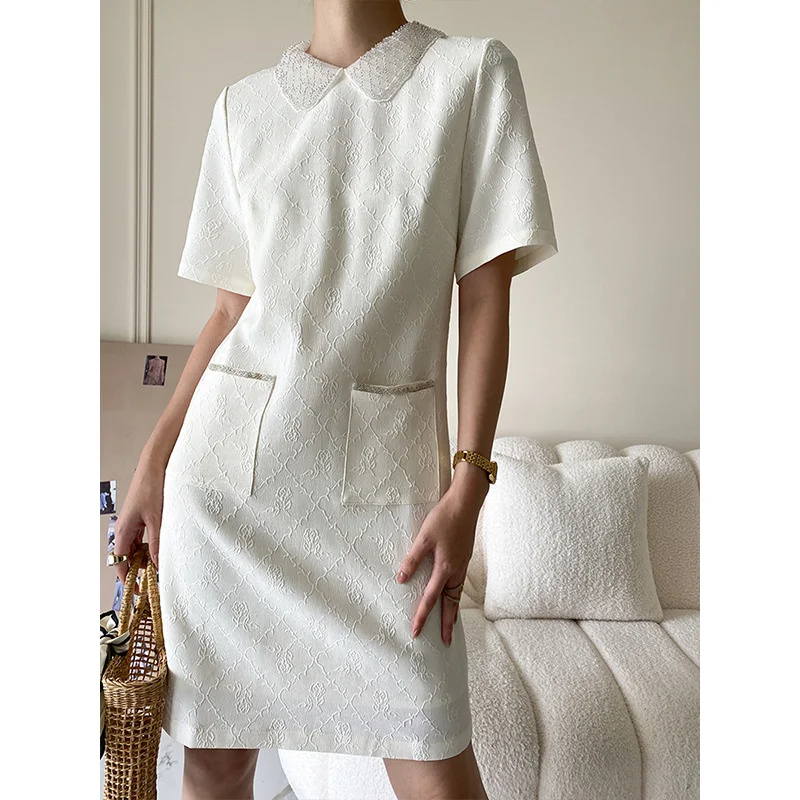 

Summer Peter Pan Collar Women Princess Elegant Dress Short Sleeve Straight Loose Pocket Short Party Textured Dresses For Woman