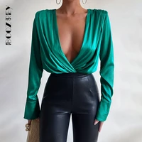 2022 spring women sexy winter deep v neck stain silk green bodysuit fashion casual solid long sleeve body tops romper