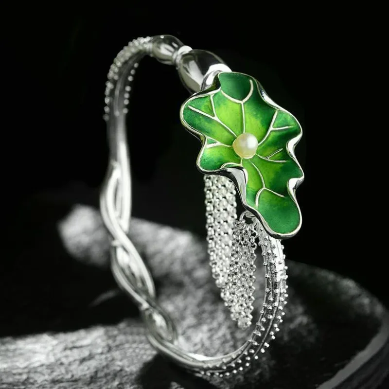 Тайский серебряный шарм-браслет для женщин Перегородчатая эмаль Свежий Зеленый