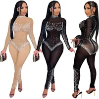 ladies jumpsuit sexy streetwear fashion mesh see through hot drill trousers long sleeve bodysuit women