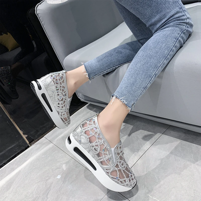 Women's Summer Lefu Shoes Korean Edition Lace Mesh Small White Shoes Casual Fit High Heel Elevated Vulcanized Women's Shoes