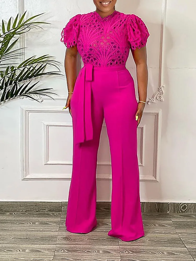 

Lace Hollow Out Flare Pants Jumpsuit Women Solid High Waist with Belt Office Overalls Women Elegant Female African Romper