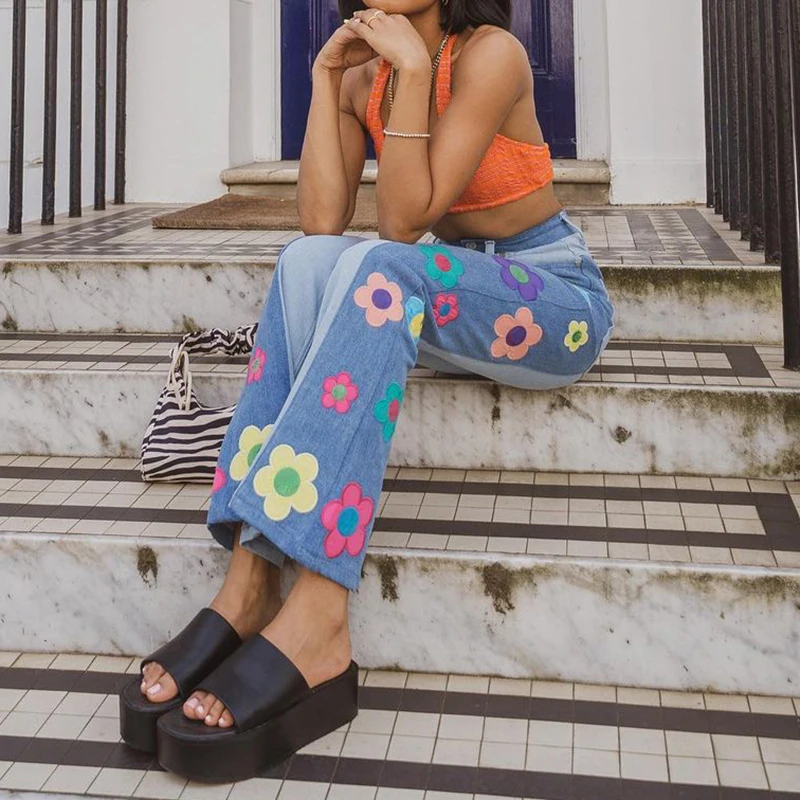 Retro Patch Designs Embroidery Flore Jeans Sweet Patchwork Denim Flare Trousers Y2k Casual High Waisted Wide Leg Pants Women 90s