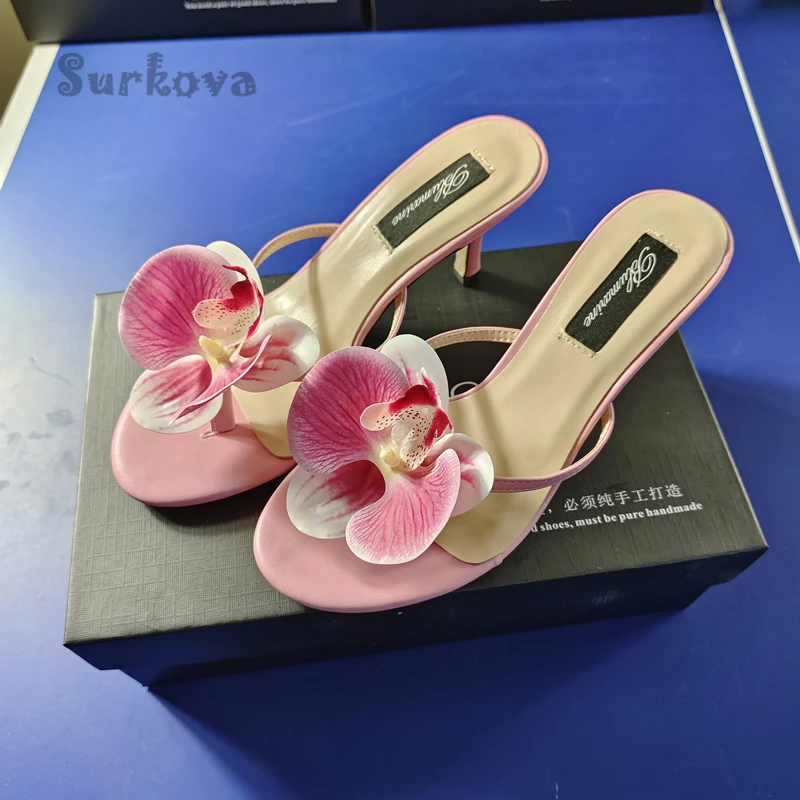 Pink Flower Decoration Pumps Fashion Stilettos High Heels Flip Flops Casual Women's Shoes Sweet Round Toe Kitten Heel Slippers