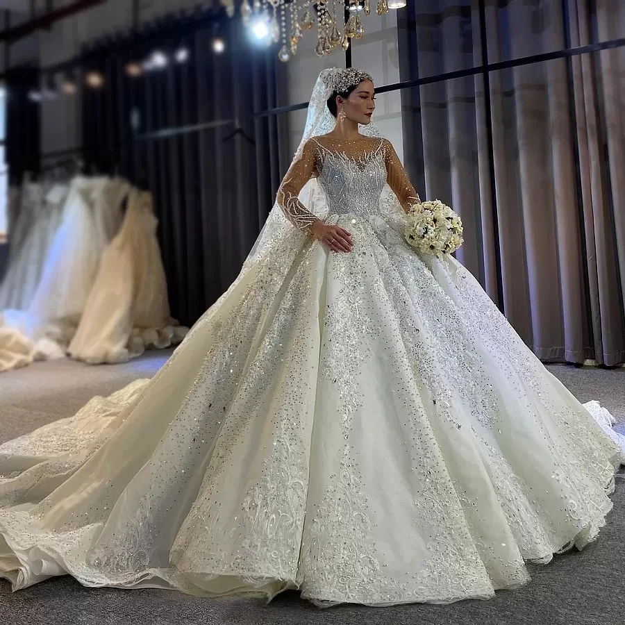 

Luxury Puffy Flowers Wedding Dresses 2022 Arabic Dubai Church Jewel Beads Crystal Lace Appliqued Bride Gowns Vestidos De Novia