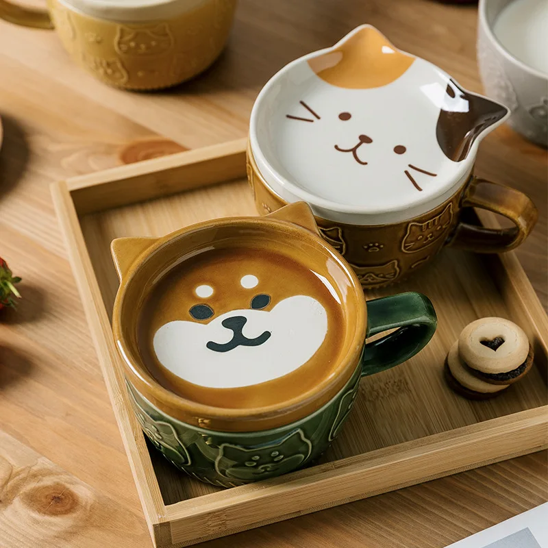 

Ceramics Cute Cat Cup Shiba Inu Coffee Cups Mug with Lid Perfect Festival Gift Household Cartoon Kawaii Kids Breakfast Milk Mugs