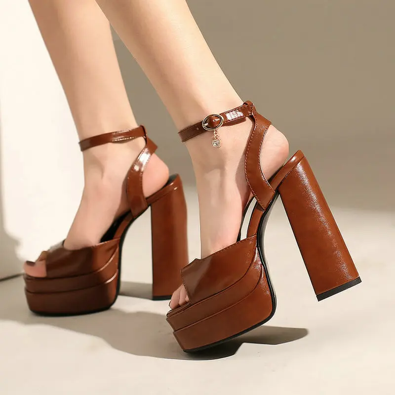 

2022 Summer Women High Heel Shoes Platform Square High Heel Ladies Sandals Faux Leather High Quality Open Toe Dress Women's Shoe