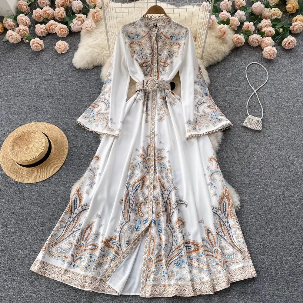 

Spring Europe and the United States Court Wind Retro Collar Flared Sleeve Printed Knee-length Dress