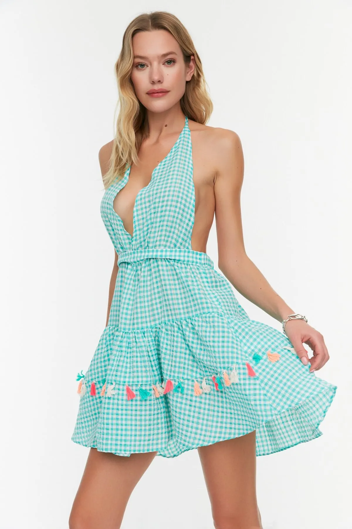 

Women's Dress Green Gingham Tassel Detailed Fashion Casual Casual Casual Casual Casual Casual Casual Casual Casual Boho Dress Dress