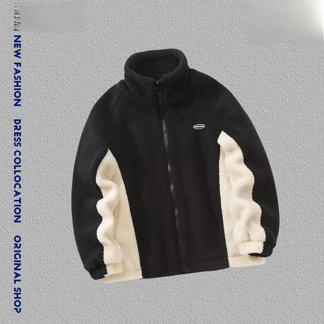 Color Matching Berber Fleece Outerwear Autumn and Winter Warm Men's Women's American vintage Outdoor Loose Patchwork Stud...