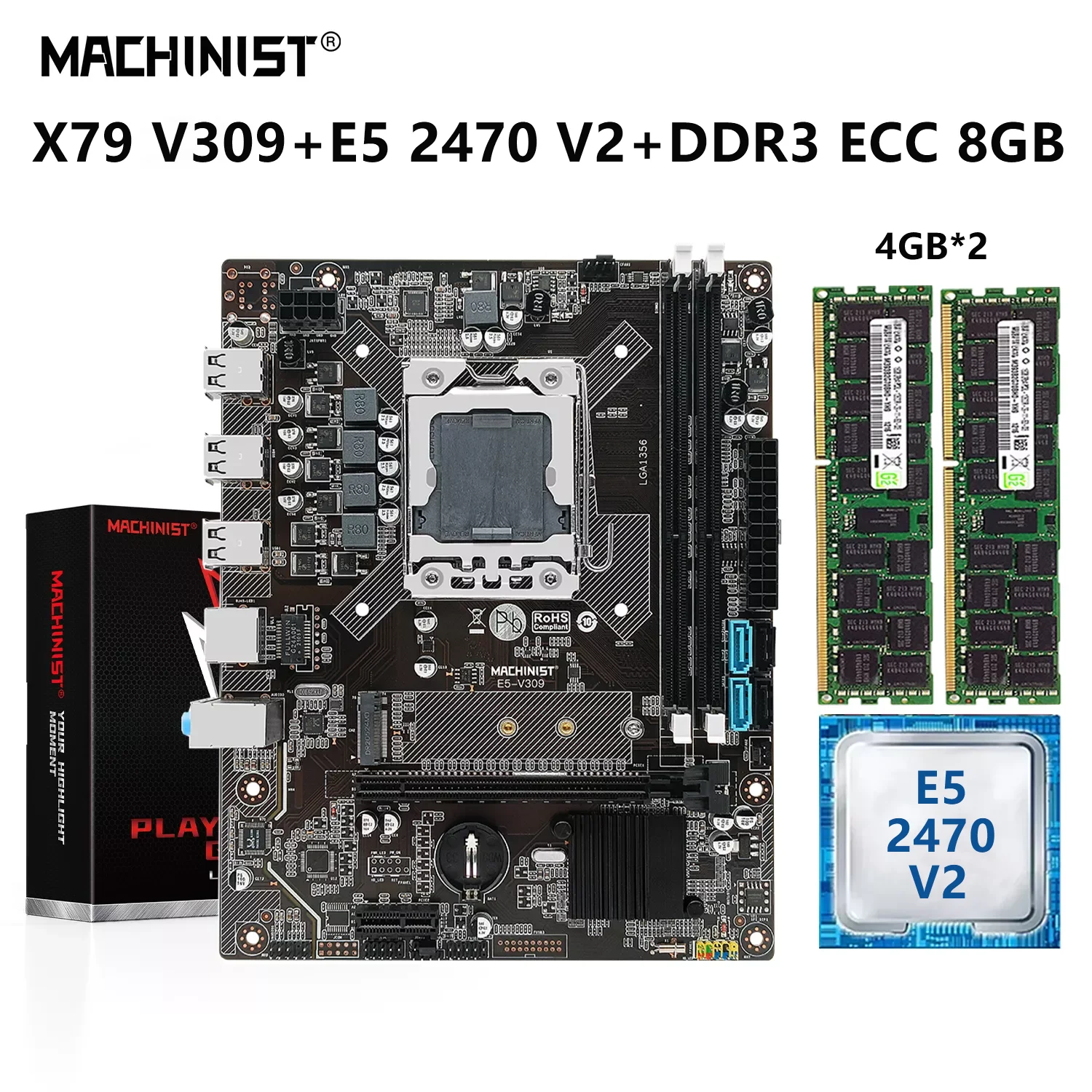 MACHINIST X79 Motherboard Set Kit Xeon E5 2470 V2 CPU LGA 1356 Processor 8G = 2*4G DDR3 ECC RAM Memory M.2 NVME SATA 3.0