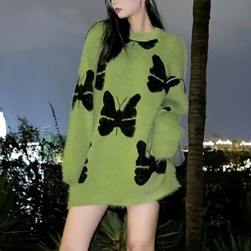 

HOUZHOU Vintage Green Graphic Sweater Y2k Women Autumn Winter Korean Streetwear Harajuku Long Sleeve Knit Sweater Loose Pullover