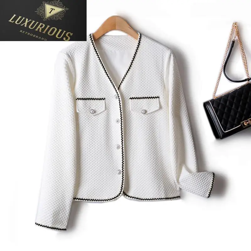 

Jackets For Women 2024 New Waffle Short Coat V-neck Single Breasted Korean Style Small Autumn Cardigan Knitted Outer Wear