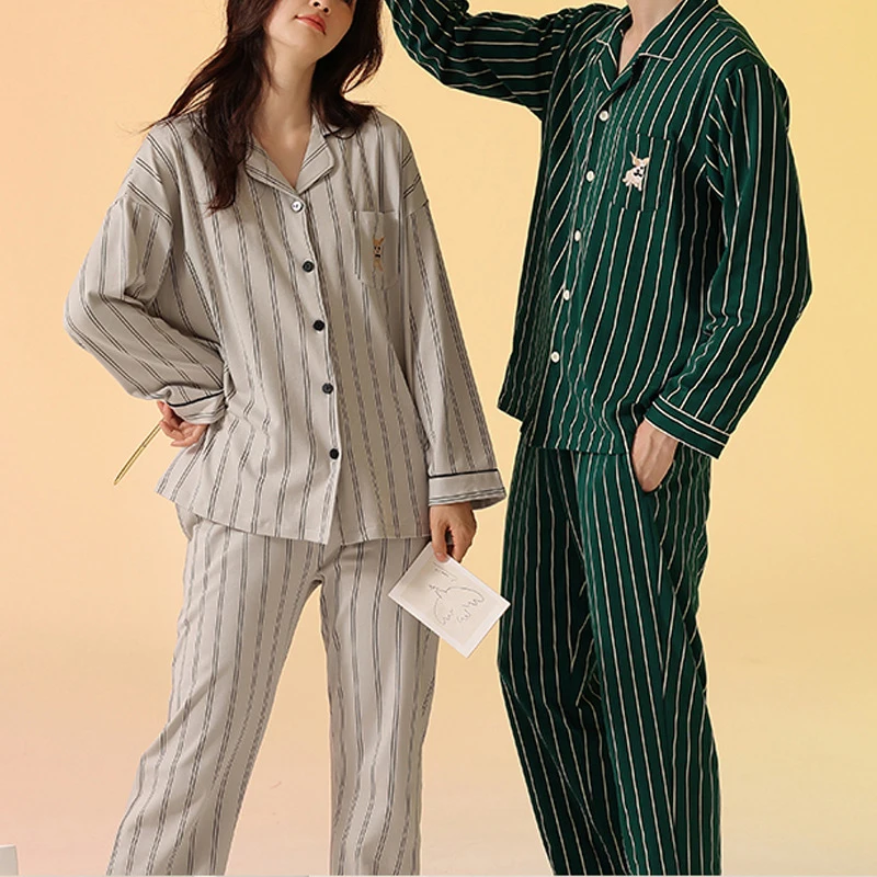 Women's Striped Cartoon Cute Pajamas Set Top Shirts Pants cotton Homewear Suit Female Spring Summer Korean Sleepwear Suits