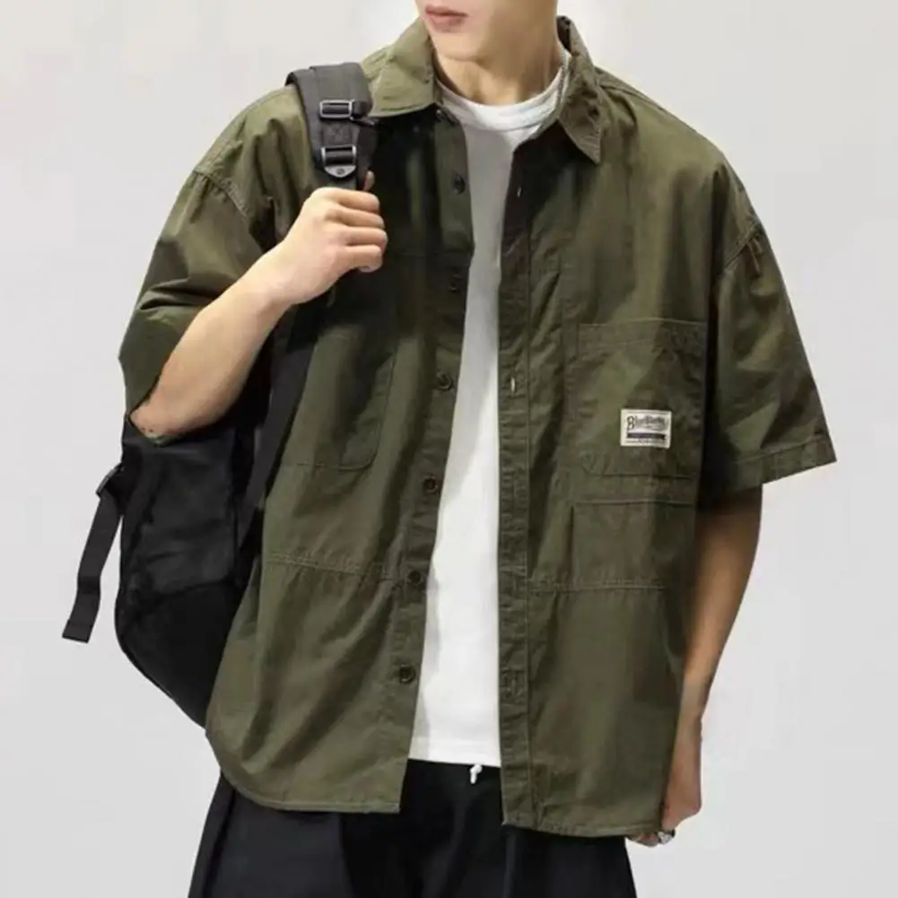 

Single-breasted Comfortable Lapel Multi Pockets Summer Cargo Shirt Male Garment